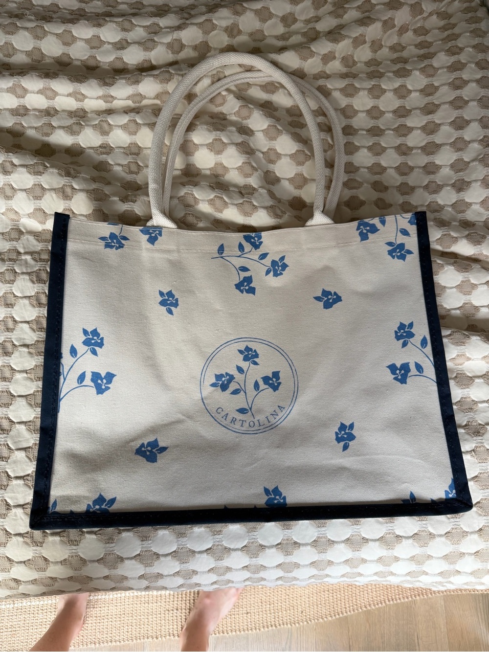 Blue Floral Canvas Tote Bag - White and Blue